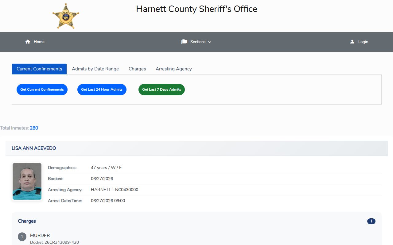 Harnett County current confinement search for release verification