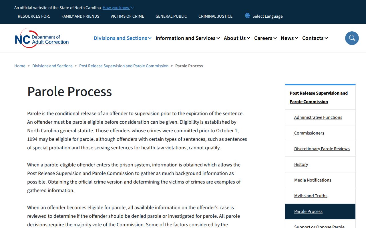 North Carolina parole eligibility and Structured Sentencing explanation
