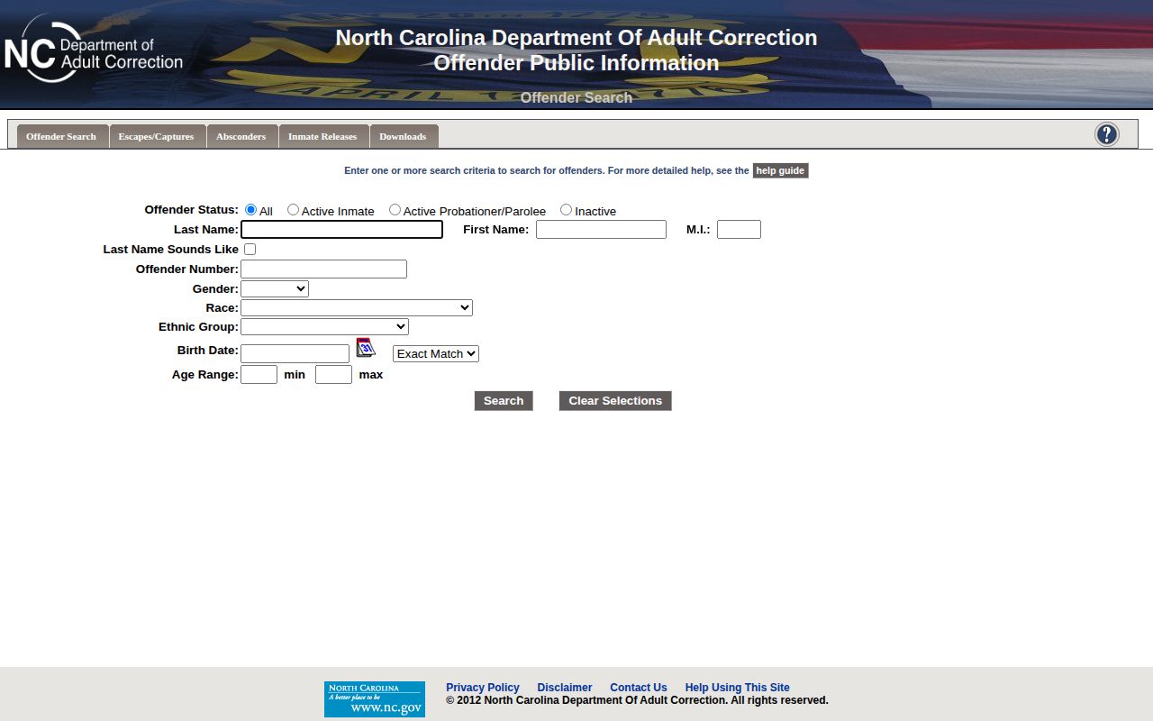 NCDAC search form for Harnett County released state inmates